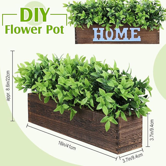 Lyrow 4 Pack Artificial Eucalyptus Plant in Rectangular Rustic Wooden Planter Box Faux Potted Herb Plant Table Centerpiece for Kitchen Windowsill Shelf Decor (Brown,16 '')