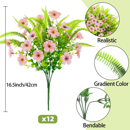 ATTGREAT Artificial Flowers for Outdoors UV Resistant, 12 Bundles(Pink)