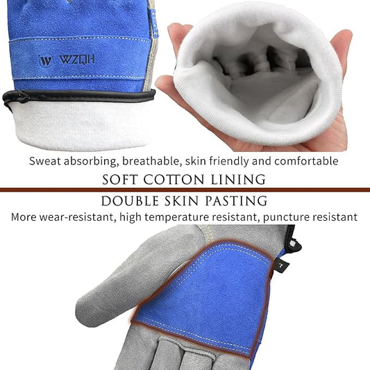 Leather Work Gloves for Men or Women. XX-Large Glove for Gardening, Tig/Mig Welding, Construction, Chainsaw, Farm, Ranch, etc. Cowhide, Cotton Lined, Utility, Firm Grip, Durable. Blue-Grey 2XL