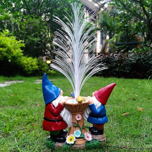 Gnome Statue Solar Garden Decor with LED Lights, Resin Gnomes Figurine and Colour Changing Optical Fiber Solar Light,Outdoor Decorations for Balcony, Patio, Yard, Lawn, Gifts for Women
