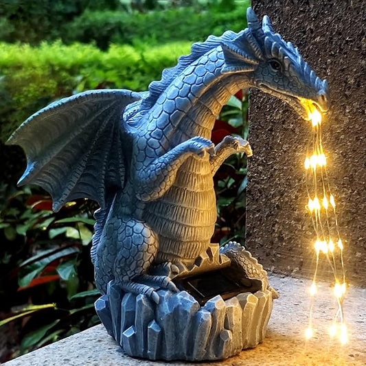 Solar Dragon Garden Statues Outdoor Lights Watering Decor, Resin Dragon Figurine with 30 LED String Lights Lawn Patio Balcony Art Decoration,Housewarming, Birthday,Mothers Day Mom Gifts