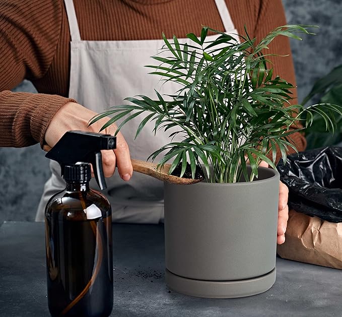 D'vine Dev 6 Inch & 8 Inch Ceramic Planter Pots for Plants with Drainage Hole and Saucer, Medium Plant Pots Set, Grey, 94-G-M-3