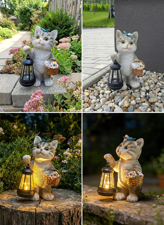 Brightown Solar Cat Garden Decor Statue with Solar Lantern Light, Hand-Painted Resin, IP65 Waterproof Outdoor Decor for Patio, Balcony & Yard Decorations, Unique Mothers Day Gifts for Mom Women