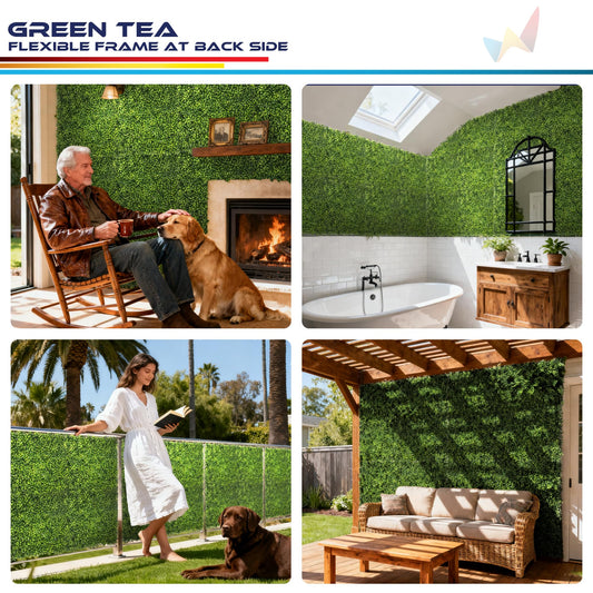 Windscreen4less 27 PCS 20"x20" Artificial Boxwood Panels Faux Plant Grass Green Wall Panel Decoration for Outdoor Indoor Garden Backyard (Green Tea 02)