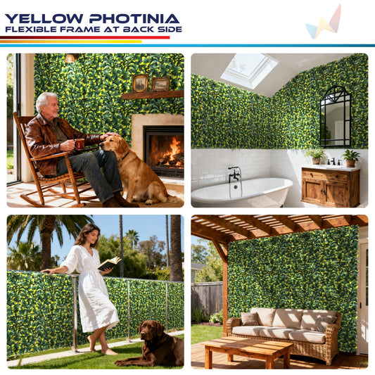 Windscreen4less 14 PCS 20"x20" Artificial Boxwood Panels Faux Plant Grass Green Wall Panel Decoration for Outdoor Indoor Garden Backyard (Photinia Yellow)