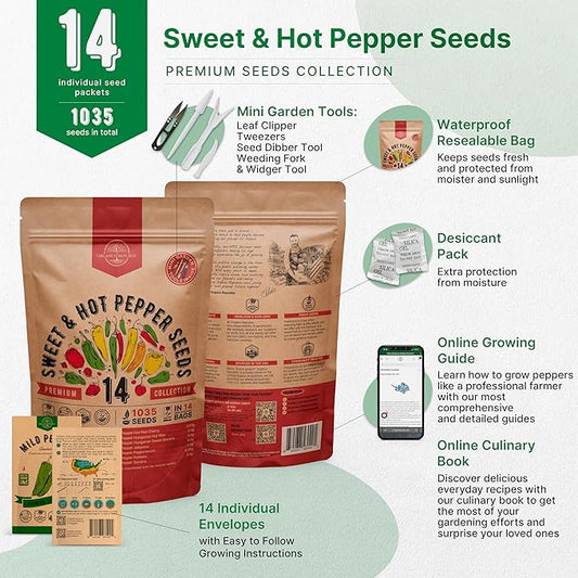 Organo Republic 14 Sweet & Hot Peppers Seeds Variety Pack - 1,030+ Non-GMO Heirloom Pepper Seeds for Outdoor and Indoor Home Gardening, Including Pepper Cayenne, Habanero, Jalapeno, Poblano, Serrano