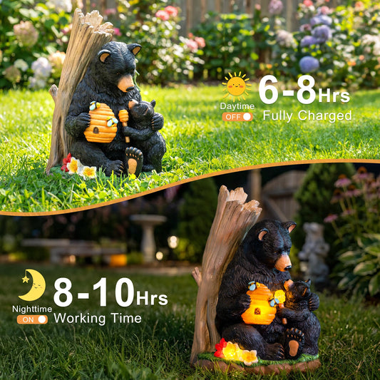 C&Y&G&X Solar Bear Garden Statue Lights, Black Bear & Cub Outdoor Resin Yard Decor for Patio Porch Lawn, Solar Garden Figurine with Light-Up Beehive, Housewarming Gifts for Garden Lovers