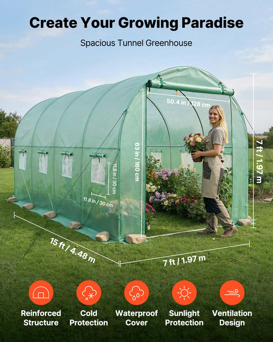 VEVOR Walk-in Tunnel Greenhouse, 15 x 7 x 7 ft Hoop House Greenhouse Tunnel with Watering System, Plant Hot House with Steel Frame, PE Cover, Roll-Up Zipper Door and 8 Windows for Outdoors, Green