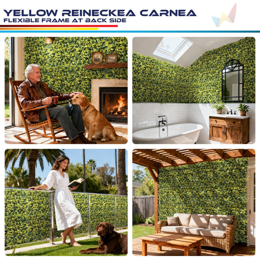 Windscreen4less 23 PCS 20"x20" Artificial Boxwood Panels Faux Plant Grass Green Wall Panel Decoration for Outdoor Indoor Garden Backyard (Yellow Reineckea Carnea)