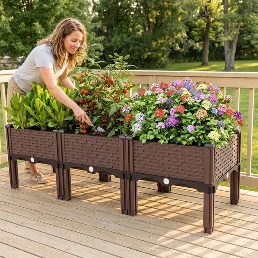 Growchum Modular Raised Garden Bed Kit – DIY Stackable Plant Stand with Self-Watering, 47.24"x15.75"x14.17" Brown Plastic Planter for Herbs, Veggies & Flowers, Includes Vertical Trellis System