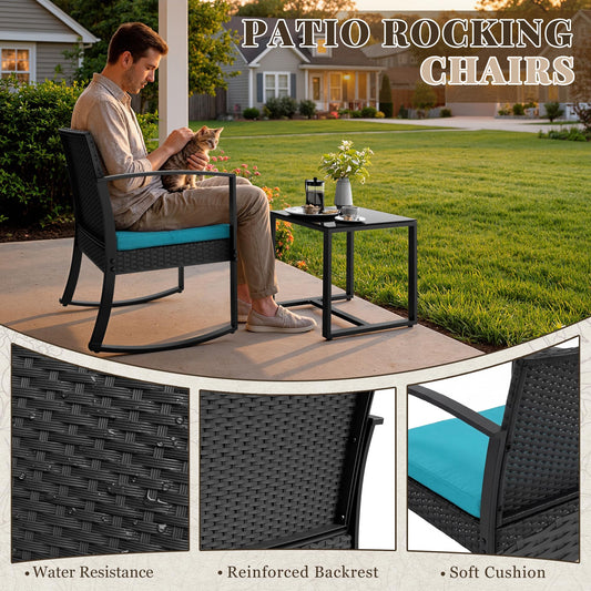 Homall Patio Furniture Set 3 Piece Resin Outdoor Bistro Set Rocking Patio Chairs with Cushions and Table for Porch, Poolside, Balcony and Yard (Blue)
