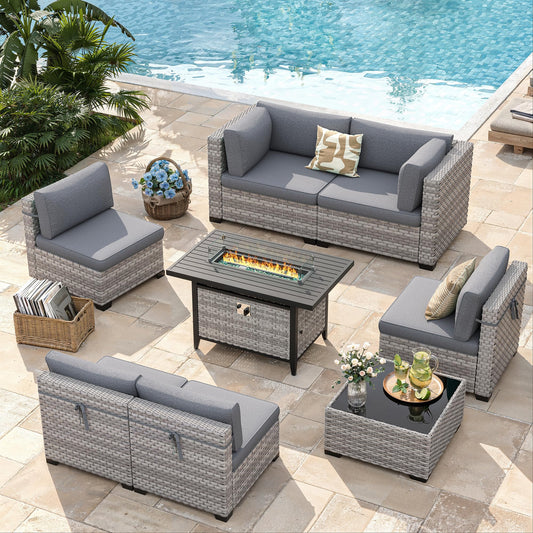 MAISON BACKYARDS 6-Seat Modern Outdoor Wicker Rattan Patio Furniture Set with 55,000 BTU Fire Pit Table, Thick 4″ Cushions, All-Weather Dual-Strand Rattan, Rust-Resistant Steel Frame,Gray