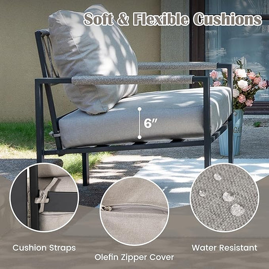5 Pieces Rattan Outdoor Furniture Set, All-Weather Patio Conversation Set with Warm Grey Cushions and Coffee Tables for Garden, Backyard, Balcony, Poolside