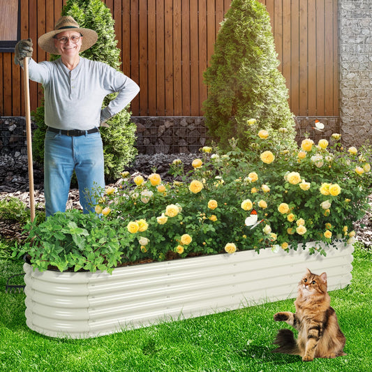 Aoodor 9-in-1 Modular Aluzinc Metal Raised Garden Bed, 89" L x 17.7" W x 17" H, Outdoor Planter Box for Vegetables, Flowers, and Herbs, Beige