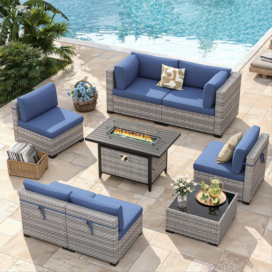 MAISON BACKYARDS 6-Seat Modern Outdoor Wicker Rattan Patio Furniture Set with 55,000 BTU Fire Pit Table, Thick 4″ Cushions, All-Weather Dual-Strand Rattan, Rust-Resistant Steel Frame,Navy