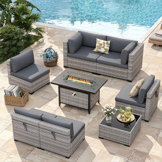 MAISON BACKYARDS 6-Seat Modern Outdoor Wicker Rattan Patio Furniture Set with 55,000 BTU Fire Pit Table, Thick 4″ Cushions, All-Weather Dual-Strand Rattan, Rust-Resistant Steel Frame,Black