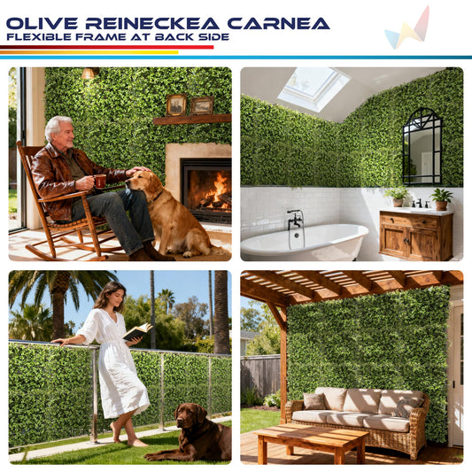 Windscreen4less 16 PCS 20"x20" Artificial Boxwood Panels Faux Plant Grass Green Wall Panel Decoration for Outdoor Indoor Garden Backyard (Olive Reineckea Carnea)