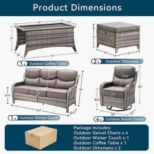 Luxury 8 Pieces Outdoor Patio Furniture Set-All Weather Wicker Swivel Rocker Patio Chairs with 6" Thick Cushion Rattan Sofa Coffee Table, Outdoor Conversation for Garden Porch Backyard(Grey/Grey)