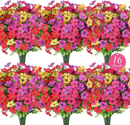 16 Bundles Artificial Flowers for Outdoors, Realistic Fake Silk Flowers for Outside, UV Resistant Faux Plants for Outdoor Planters - Spring Summer Porch Decor (4 Colors)