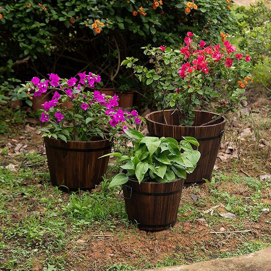 Rustic Wooden Whiskey Barrel Planter with Durable Medal Handles and Drainage Hole - Perfect for Indoor and Outdoor Plants, Herbs, and Vegetables - Set of 3