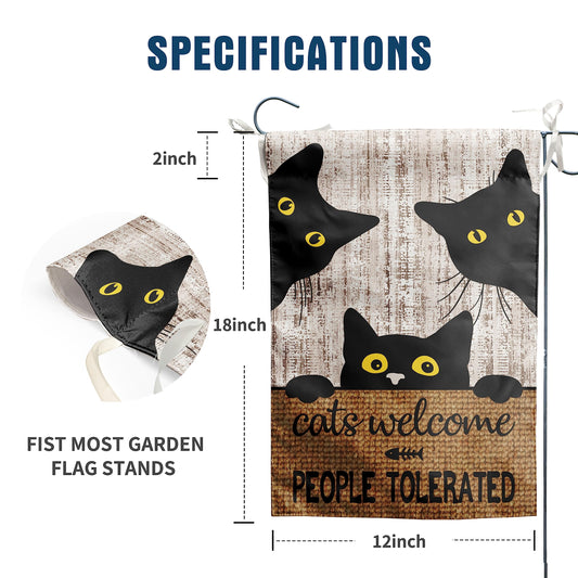Black Cat Garden Flag Cats Welcome People Tolerated Sign Flag Halloween Banners for Outside 12 X 18 Double Sided Cat Lovers Gifts for Women