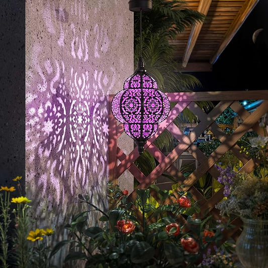 Hanging Solar Lights Outdoor Garden Decor Solar Lantern Waterproof Plastic Moroccan Outdoor Decorations for Patio Pathway Yard Backyard Garden Decorative (1, Purple)