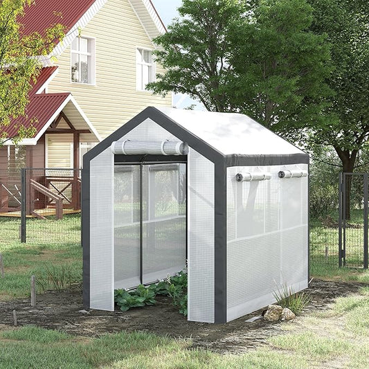 Outsunny 8' x 6' x 7.5' Walk-in Greenhouse, Outdoor Gardening Canopy with 6 Roll-up Windows, 2 Zippered Doors & Weather Cover, White