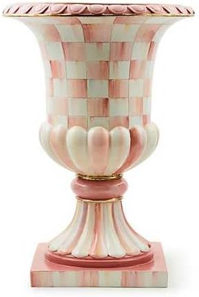 MACKENZIE-CHILDS Pedestal Tabletop Urn, Decorative Centerpiece for Table, Mantel, or Shelf, Tall, Pink-and-White Rosy Check