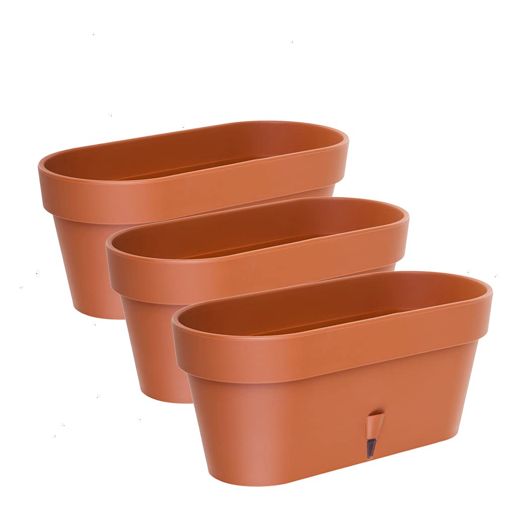 DECOPOTS - Pack of 3 - Self Watering Window Box Planter - Indoor/Outdoor - Windowsill/Oblong Shape Plastic Planter with Bottom Watering and Water Level Indicator (15.6 Inch Long, Terracotta)