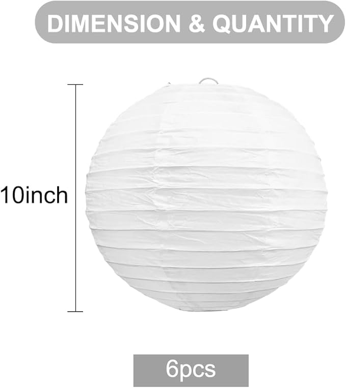 BEISHIDA 10-Inch White Paper Lanterns Decorative Chinese/Japanese Hanging Round Paper Lanterns Lamp for Birthday, Wedding, Christmas, Bridal, Home Decor, Party Decoration (6 Packs)
