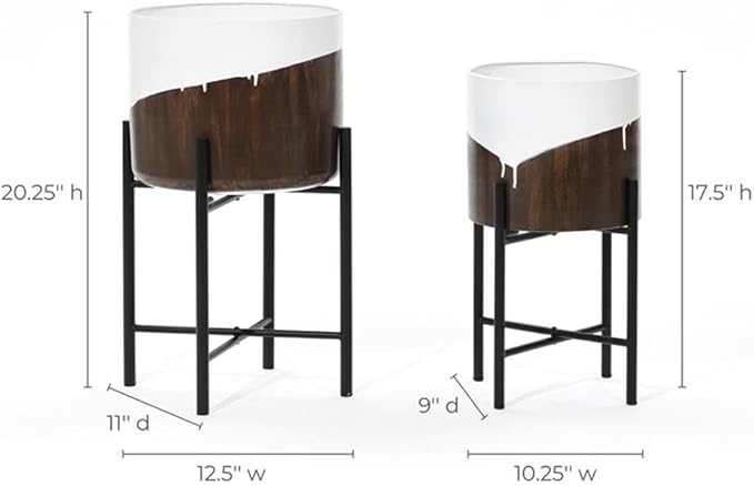 LuxenHome Modern Planter Pots, Set of 2 Planters for Indoor Plants, White and Brown Large Planters with Black Metal Stand, Flower Pots for Living Room, Office, Garden or Balcony, 10.25 & 12.5 Inch