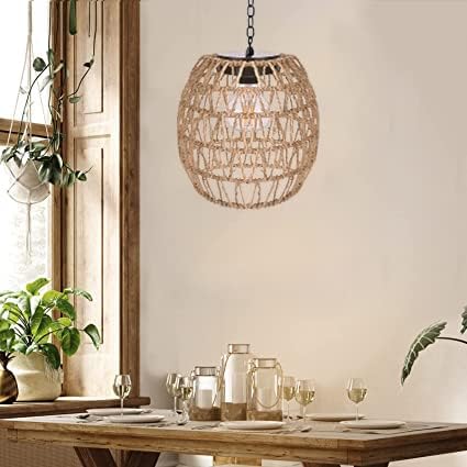 Livinlarge Boho Pendant Solar Light Rustic Hand-Woven Rattan Chandelier Coastal Retro Lamp Wedding Garden Courtyard Hallway Entryway Decoration.