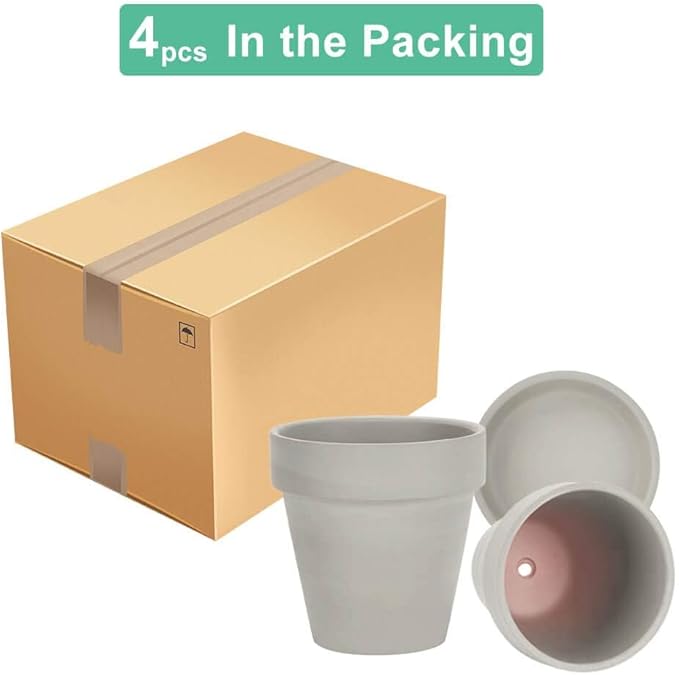 vensovo 6 Inch Grey Terracotta & Clay Pots for Plant with Saucer - 4 Pack Medium Terra Cotta Planter with Drainage Hole, Flowerpot for Indoor Outdoor Plants, Crafts, Wedding Favor