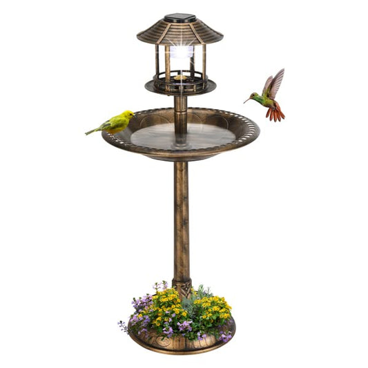 Outdoor Solar Garden Bird Bath Vintage Lighted Pedestal Fountain Flower Birdbath Planter Accents Decoration Yard Statue Feeder, Decorative Cage, Fillable Stand Polyresin