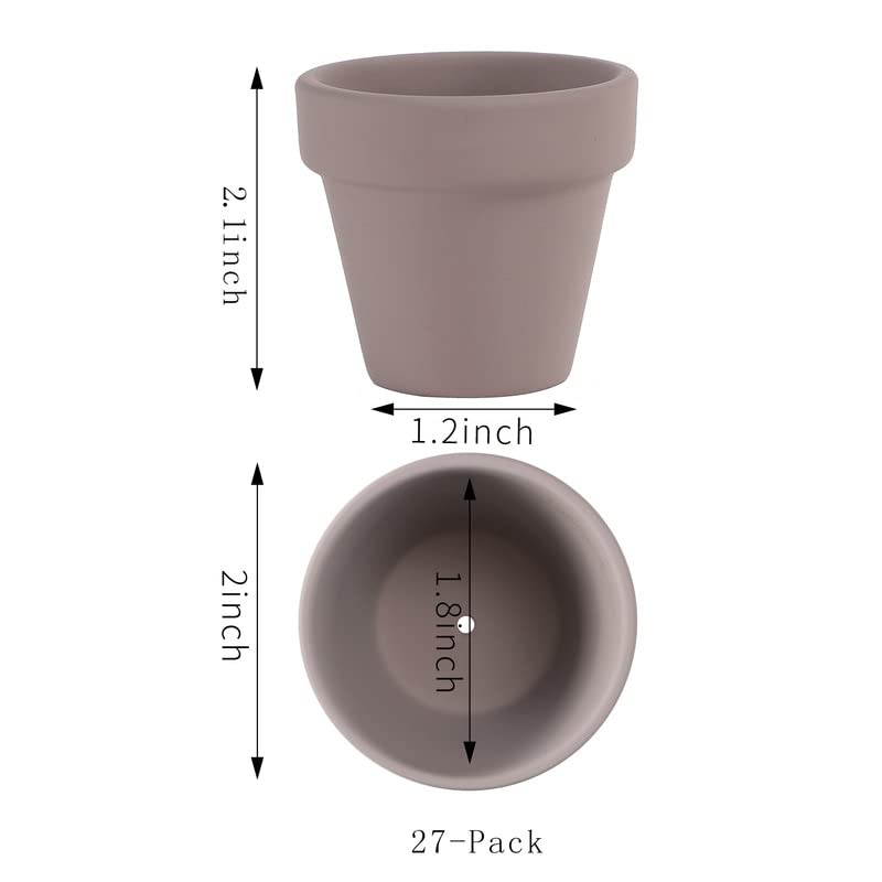 Yishang 27 pcs Small Mini Grey Clay Pots, 2 inch Terracotta Pot Clay Ceramic Pottery Planter,Cactus Flower Terra Cotta Pots,Succulents Nursery Pots,with Drainage Hole,Great for Crafts,Wedding Favor