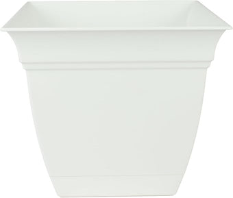 The HC Companies Eclipse Square Plastic Planter w/Attached Saucer - Outdoor & Indoor Plant Pot with Drainage Holes - Lightweight, UV-Resistant Plastic Pots for Plants (10" White, Pack of 1)