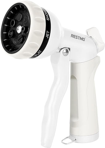 RESTMO Garden Hose Nozzle, Heavy Duty Metal Water Hose Nozzle with 7 Adjustable Spray Patterns, High Pressure Hand Sprayer with Flow Control, Best for Watering Plant & Lawn, Washing Car & Pet, White