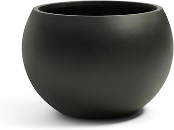 FloraFairy Fiberstone Sphere Planter, Black 15.8" Dia Round Flower Pot with Drainage Hole and Removable Plug, Round Plant Pot for Indoor Outdoor Use, 11.8" Opening-10.9" H, Medium