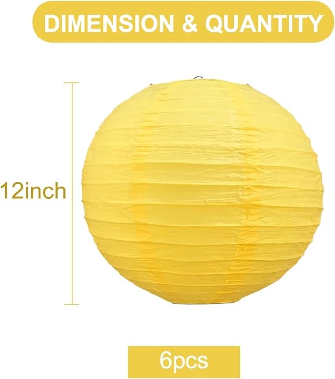 BEISHIDA 12-Inch Yellow Round Paper Lanterns Decorative Hanging Asia Chinese Japanese Paper Lanterns Lamp for Birthday Halloween Wedding Baby Bridal Shower Fall Home Decor Party Decoration（6 Packs）