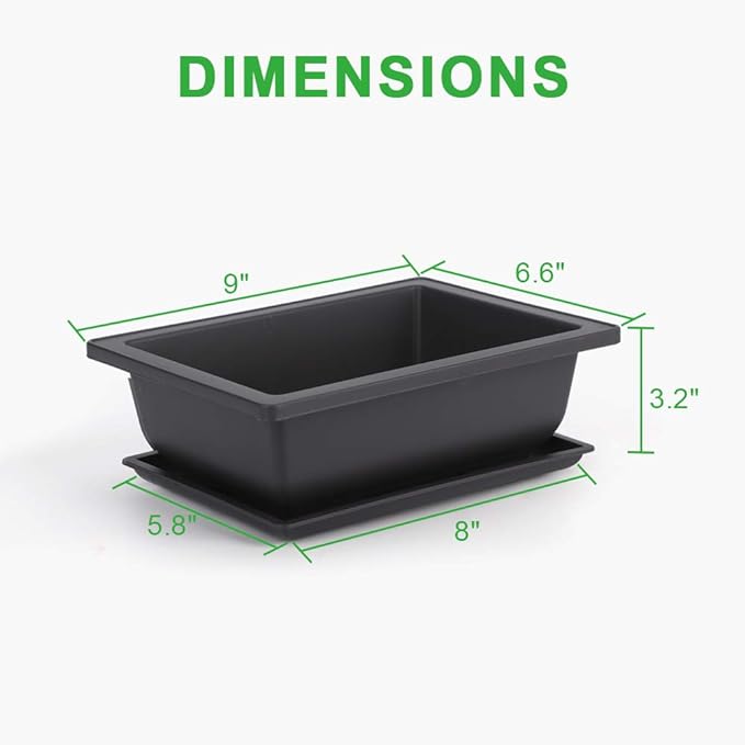 GROWNEER 6 Pack 9 Inch Bonsai Pots with Drainage Humidity Trays, Bonsai Tree Training Kits with 1 Repotting Mat, Rectangle Planter Plants Container Growing Pot for Garden Outside Indoor