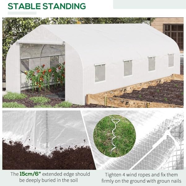 Ideal for Cultivating Plants, Flowers, 20x10x7ft Walk-in Outdoor Large Tunnel Greenhouse Portable Backyard Plant Growth Shed Roll-Up Door, Ventilated PE Fabric Cover Easy Set Up Durable Steel Frame