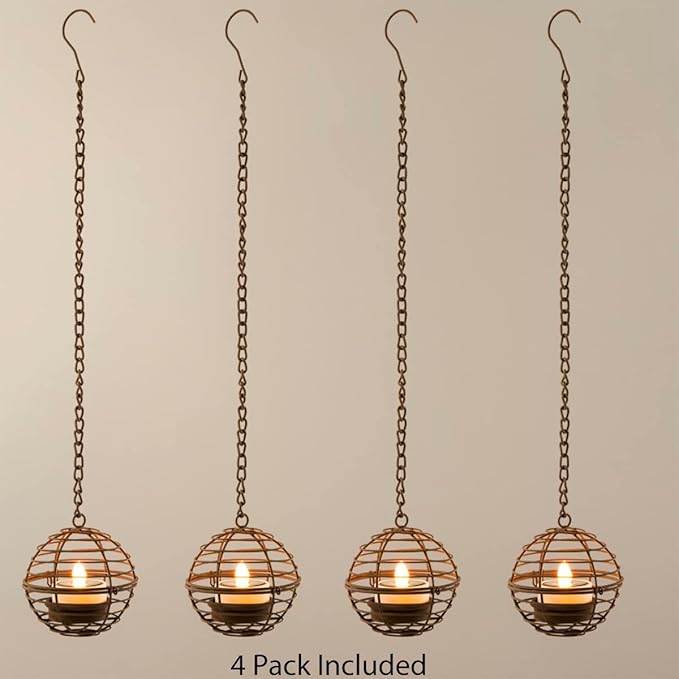 Solar Hanging Lanterns Outdoor Waterproof, Rust Iron Ball Candle Holder with Flickering Solar Powered Tea Lights, Perfect Chargeable Solar Lights for Backyard Patio Garden Fence Tree Decoration-4Pack