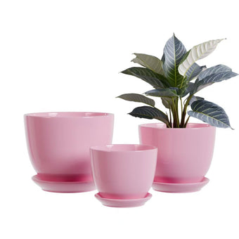 Pink Plant Pots,Ceramic Flower Pots Set of 3 with Drainage Holes & Saucers