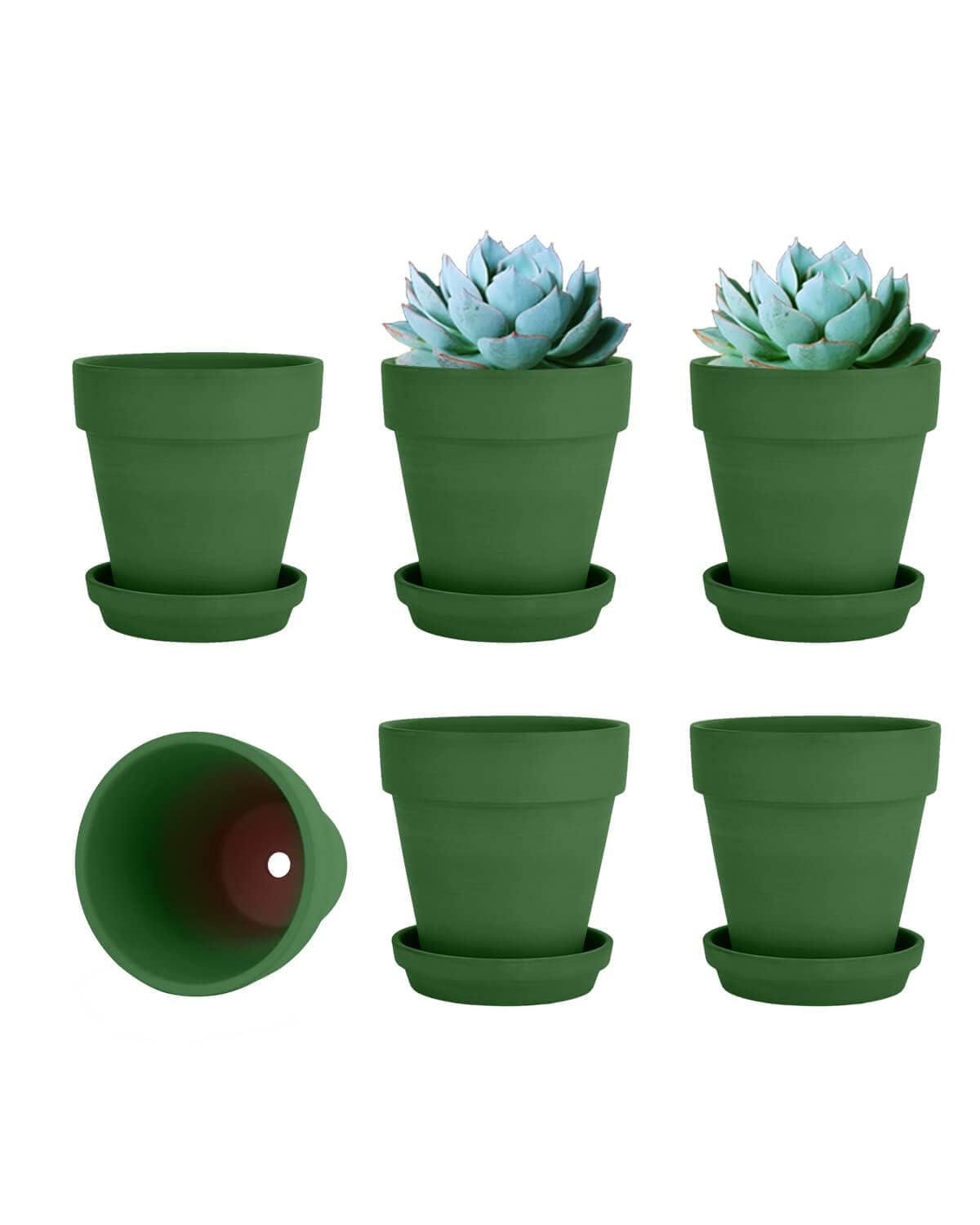 vensovo 4 Inch Small Green Terracotta Plant Pots with Saucer - 6 Pack Clay Flowerpots with Drainage, Great for Indoor Outdoor Plants, Crafts, Wedding Favor