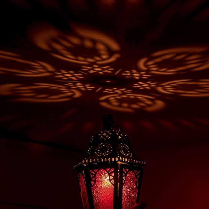 DECORKEY Ramadan Decorations, Lantern Decorative Indoor & Outdoor, 13.6’’ Moroccan Vintage Decorative Hanging Lantern with Chian for Home Porch Patio Decor, Metal Christmas Candle Holders(Rose Red)