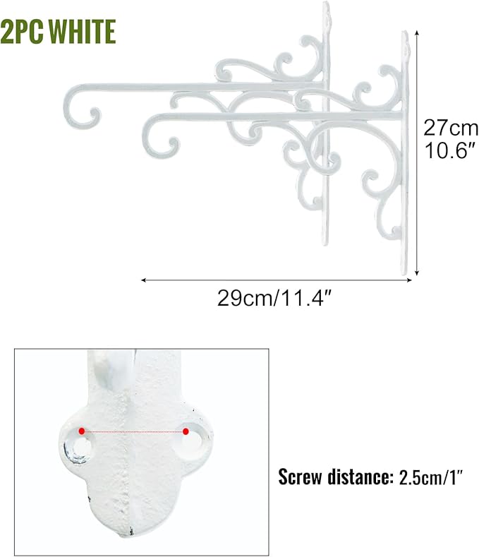 Sungmor Cast Iron Wall Hook Plant Hangers - Home & Garden Heavy Duty Hanging Bracket Plant Hooks - 2PC WHITE Decorative Wall Mount Hooks for Hanging Planter Pot Bird Feeder Birdcage Lantern Wind Chime