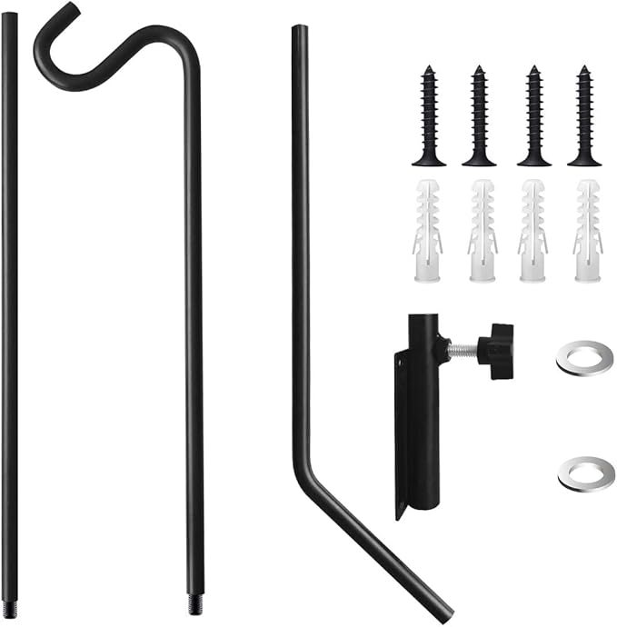 Heavy Duty Extended Reach Wall Mounted Deck Hook Wall Pole, Wall Bracket Direction and Length Adjustable Plant Bracket for Bird Feeders, Planters, Suet Baskets, Lanterns, Wind Chimes and More,Black
