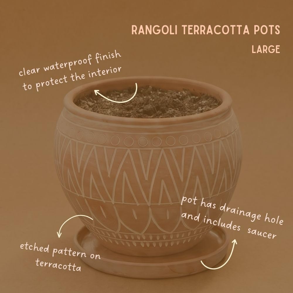 Potthing Large Terracotta Pots with Terracotta Saucer, Plant Pot with Drainage, Engraved Boho Rangoli Design, 14 Inch Plant Pot