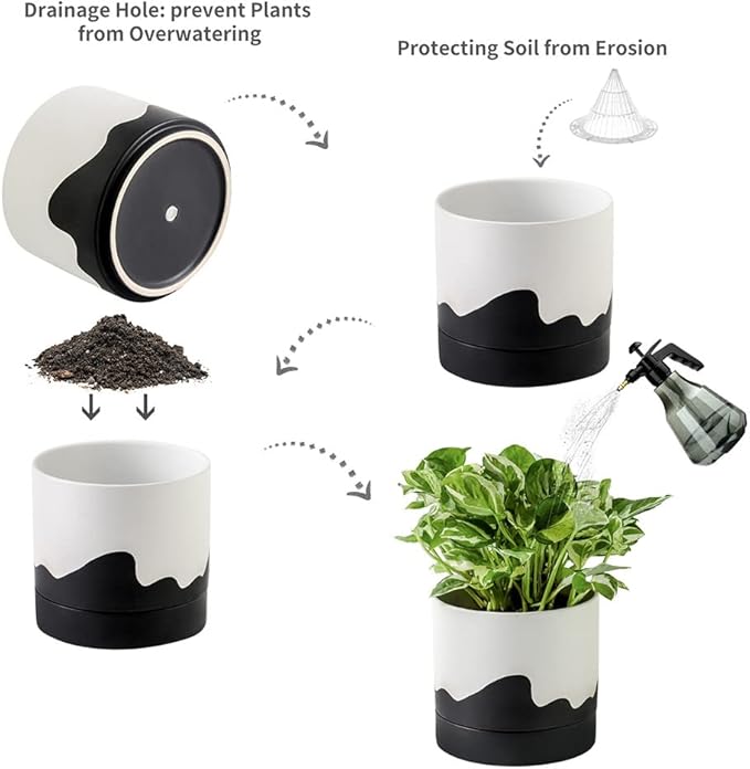 Nihow Ceramic Plant Pot: 6 Inch Planter with Drainage Hole & Saucer for Indoor & Outdoor Plants - Cylinder Round Flower Pot for Succulent/Herbs/Violets - White & Wave Black