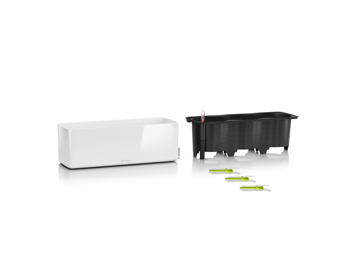 Lechuza Cube Glossy Triple Cream White High Gloss, Self-Watering Window Box, H5.5 L15.7 W5.5 in